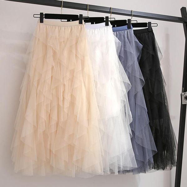 

skirts 2021 summer mesh tulle skirt woman elastic wasit tutu female pleated chic irregular casual cake for, Black