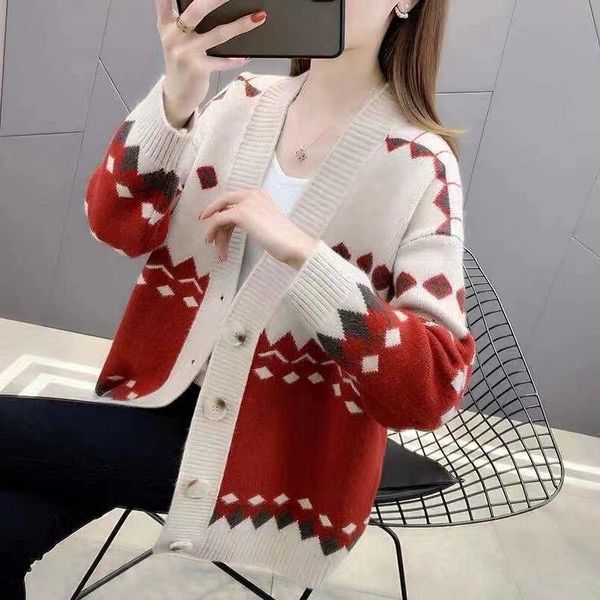 

women's knits & tees 2021 autumn and winter fashion retro jacquard long-sleeved sweater jacket women loose-fitting short knit cardigan, White