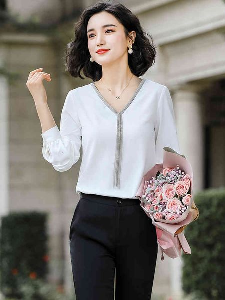 

women's blouses & shirts women fashion full sleeve v-neck blouse shirt apricot black white red green spring autumn female elega