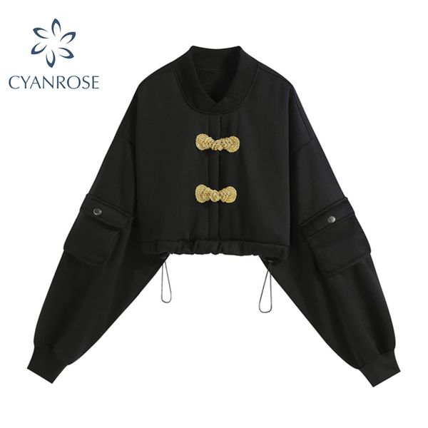 

crop black sweatshirt chic single breasted button drawstring slim short sweatwear pocket long sleeve street spring tide 210417, White