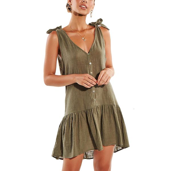 

summer v-neck hang up dress fashionable button shoulder straps tied plied in casual wl169 dresses, Black;gray