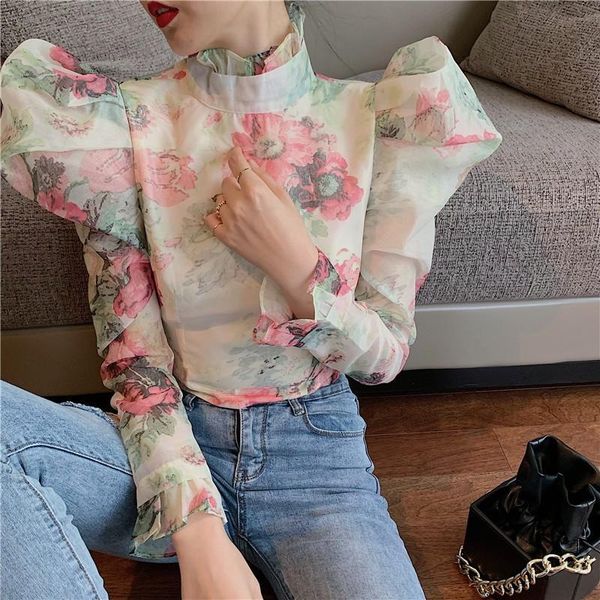 

women's blouses & shirts 2021 spring ruffle for female turtleneck puff long sleeve tunic ruched fashion clothing, White