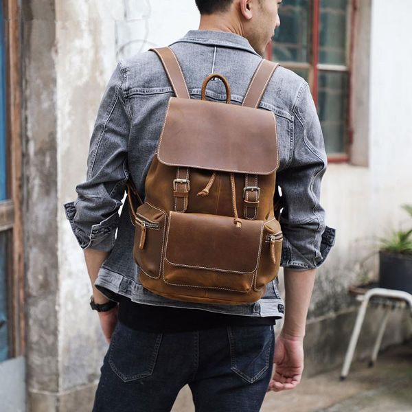 

men's vintage genuine leather backpack brand design lapbusiness school bag classic travel bags