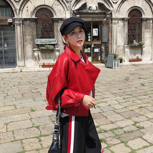 

women's leather & faux 2021 autumn winter vintage loose design jacket women biker motorcycle jackets solid soft pu, Black