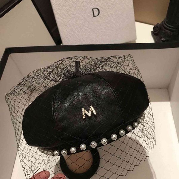 

fashion pu skin bud hat yarn black beret concave shape painter pumpkin, Blue;gray