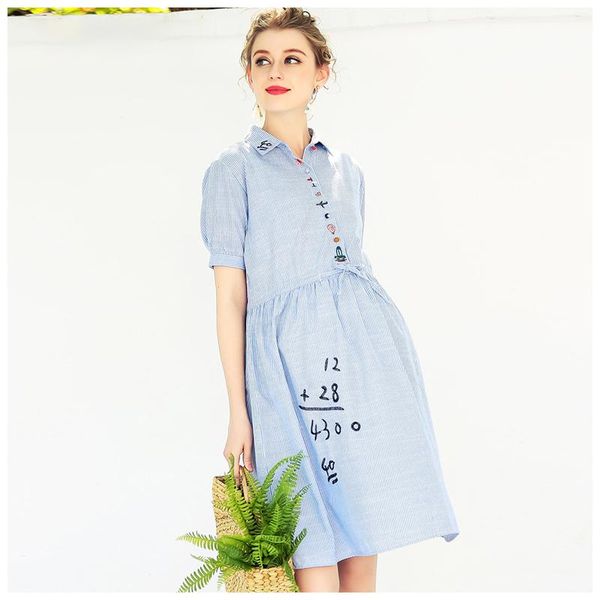 

maternity dresses women's summer wear button down lapel dress short sleeve waist with adjustable mid length skirt, White