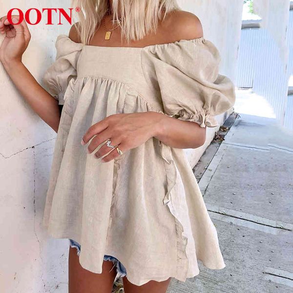 

ootn square neck linen women blouse puff short sleeve cotton summer white ruffled shirt open back lace up ladies khaki 210413