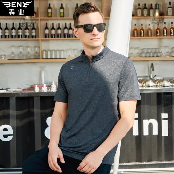 

men's t-shirts business short sleeve ice silk ultra-thin leisure stand collar zipper summer fashion t-shirt genuine 9504, White;black