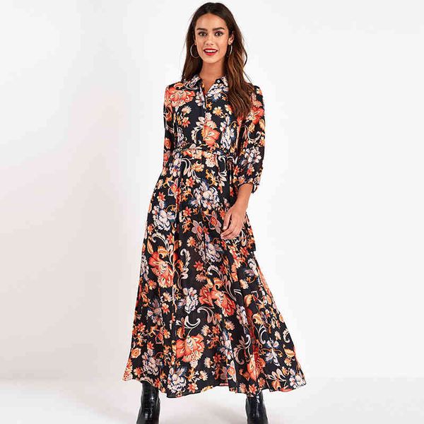 

quarter aachoae vintage floral print maxi dress women boho three sleeve long turn down collar casual shirt es robe, Black;gray