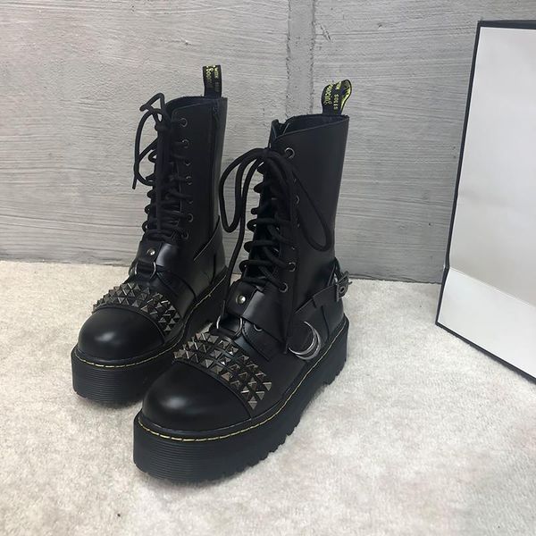 

boots [deat] 2021 autumn winter pu leather round toe lece-up wedges rivet single shoes high heels women fashion tide sg484, Black