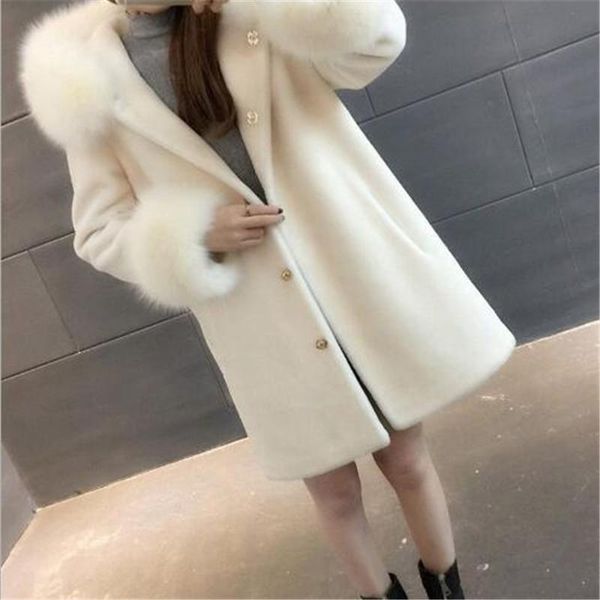

women's fur & faux women coat white pink mid-length jacket warm winter clothing classic imitation collar hooded, Black