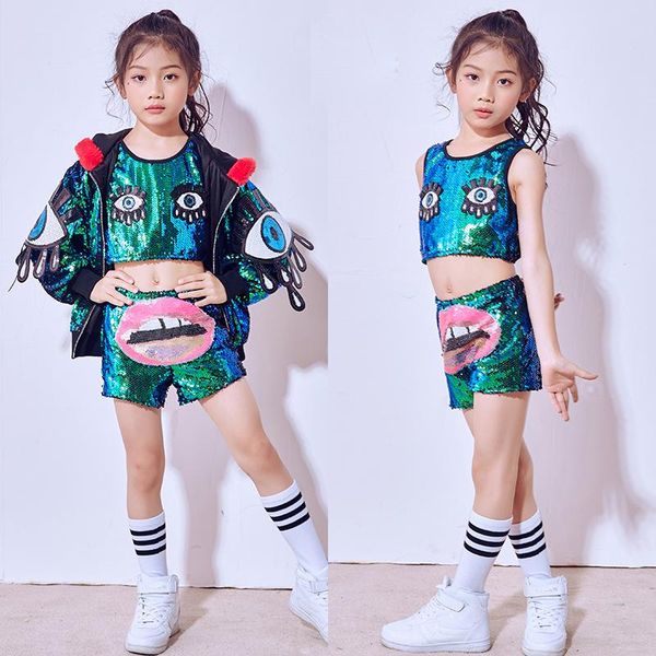 

120-160cm children jazz dance costume boys girls street performance wear green sequins modern kids child hip hop clothes stage, Black;red