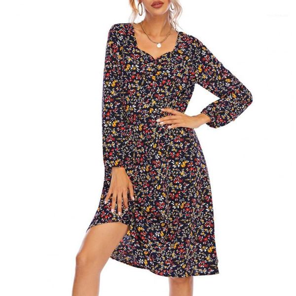 

casual dresses autumn long sleeve woman dress boho floral print knee-length for women loose a line beach robe femme vestidos, Black;gray