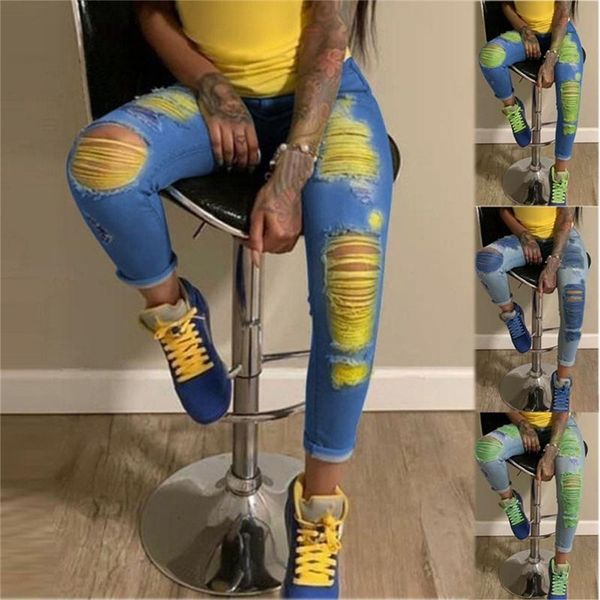 

women slim jeans trousers color contrast patchwork tassels ripped high-waist ruffles denim holes pencil pants women's, Blue