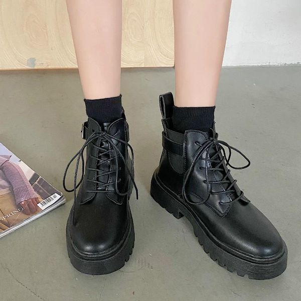 

boots 2021 women ankle shoes autumn patent leather lace up ladies female winter footwear short woman botas mujer, Black