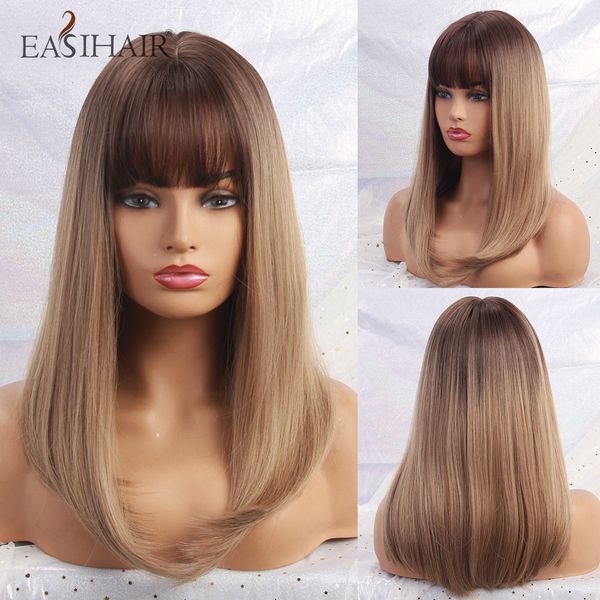 

brown ombre straight wigs with bangs medium length synthetic wigs for women natural hair wig cosplay wigs, Black