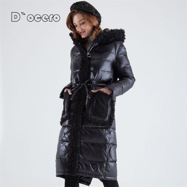 

d`ocero winter jacket women faux fur parkas female long quilted coat with belt thick cotton hooded fashion outerwear 211216, Black