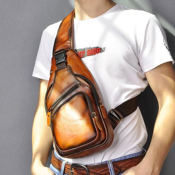 

fashion genuine leather chest bag men retro outdoor multi-functional 8-inch mobile phone pack shoulder pouch waist bags