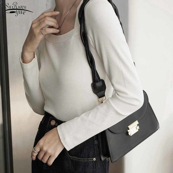 

french retro slim-fit square collar long sleeve autumn women knitted blouse solid pullover shirts blusas 11199 210518, White