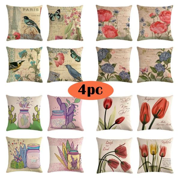 

cushion/decorative pillow 4pc hand painted vintage floral cushion covers retro flowers birds tulip rose linen case sofa couch 18" throw