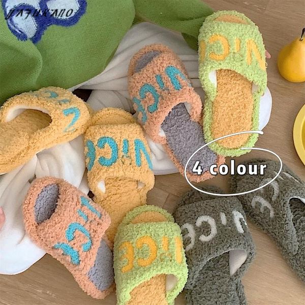 

slippers winter womens fluffy fur alphabet decorate slipper shoe short plush zapato de mujer flats couple warm indoor shoes, Black