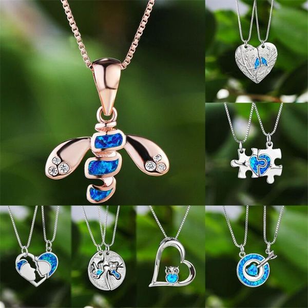 

pendant necklaces unique female blue opal necklace charm silver color chain for women luxury bride geometry wedding