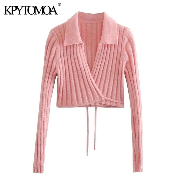 

kpytomoa women fashion with tied wrap cropped knitted cardigan sweater vintage long sleeve female outerwear chic 211011, White;black