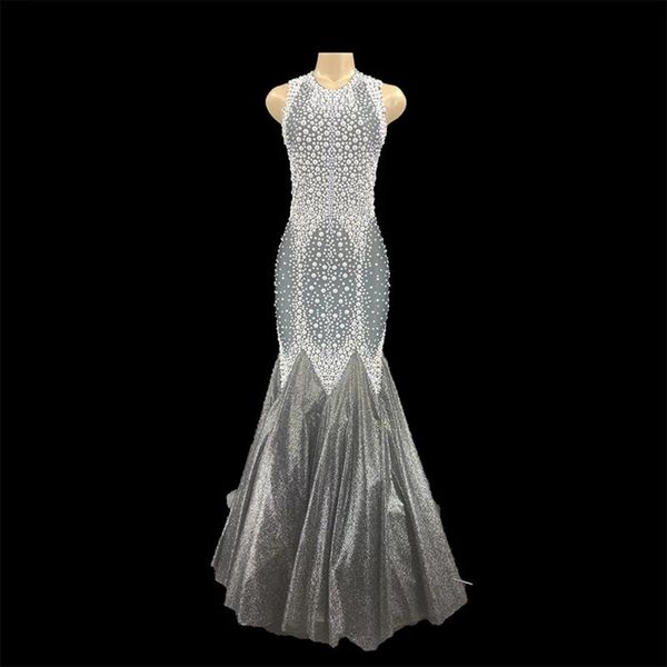

party decoration women stage luxurious silver rhinestones pearls evening dress wedding birthday celebrate performance dancer singer