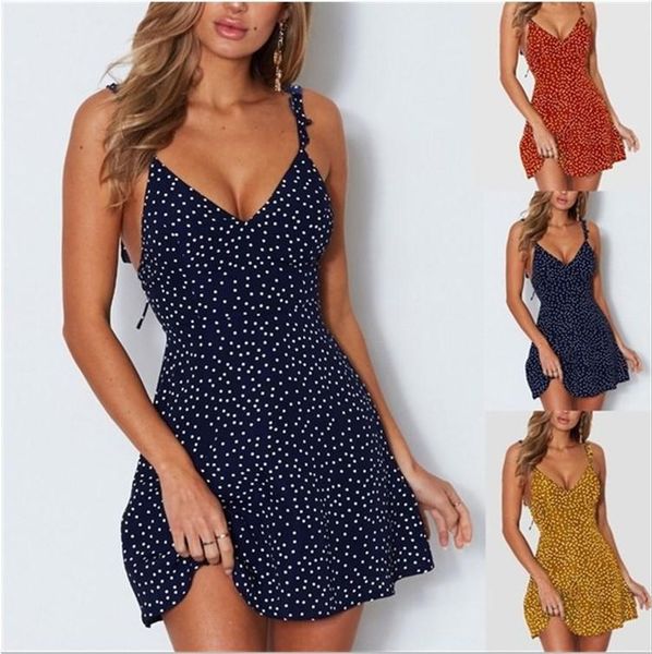 

casual dresses women's summer 2021 v neck wave point boho beach dress sleeveless back tie a line mini wrap sundress robe, Black;gray