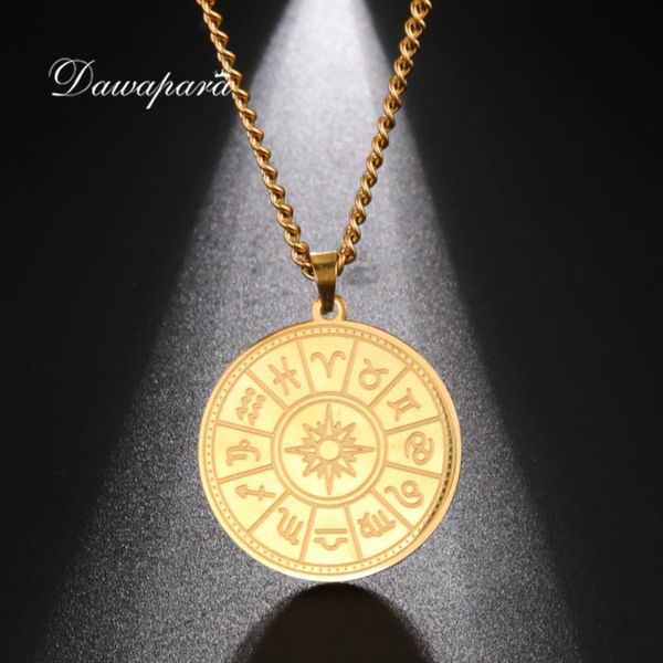 

pendant necklaces dawapara necklace stainless steel 12 constellations round guide symbol astrology vintage jewelry for men women trendy, Silver