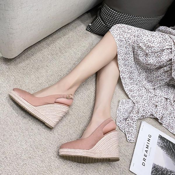 

dress shoes high heel buckle wedge 2021 est breathable women sandals female pointed toe slippers high-heeled espadrilles straw, Black
