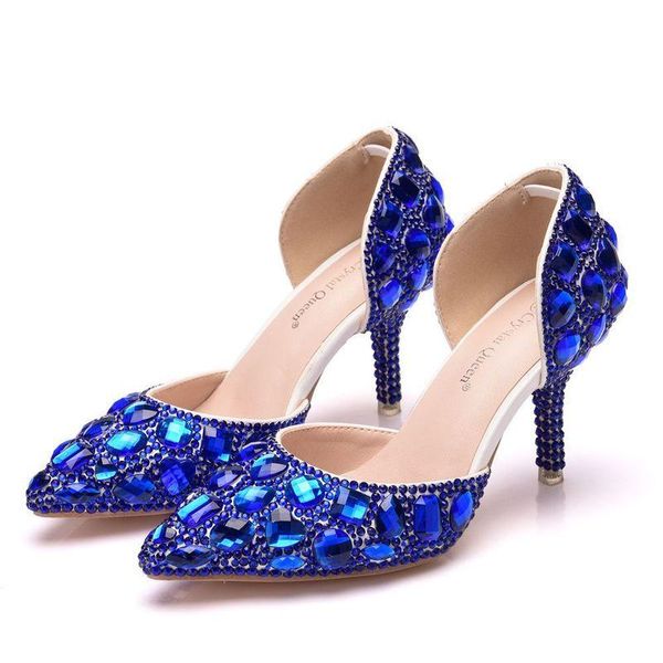 

sandals women wedding banquet pu rhinestones slip on 8cm thin high heels pointed toe zapatos de mujer shoes size 35-42, Black