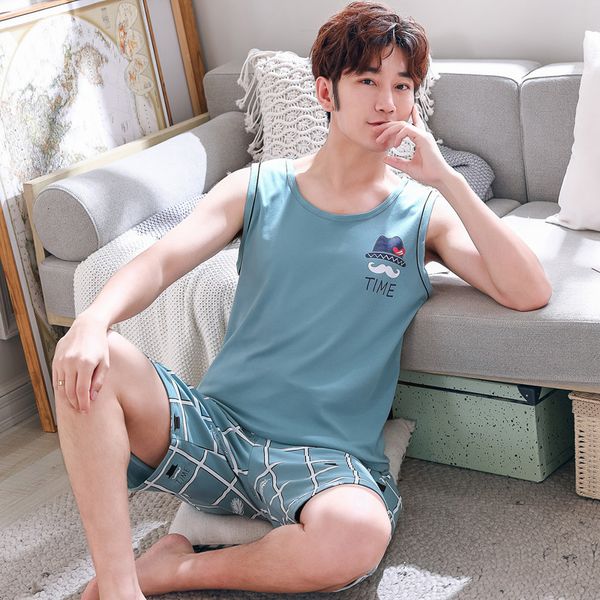 

sleepwear pajama set men summer cotton men's vest pajamas cartoon casual plus size l-3xl homewear pyjama homme sleep, Black;brown