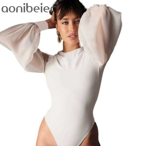 

o neck bodysuit women party lim waist rompers jumpsuit mesh puff tulle sleeve patchwork 210604, Black;white
