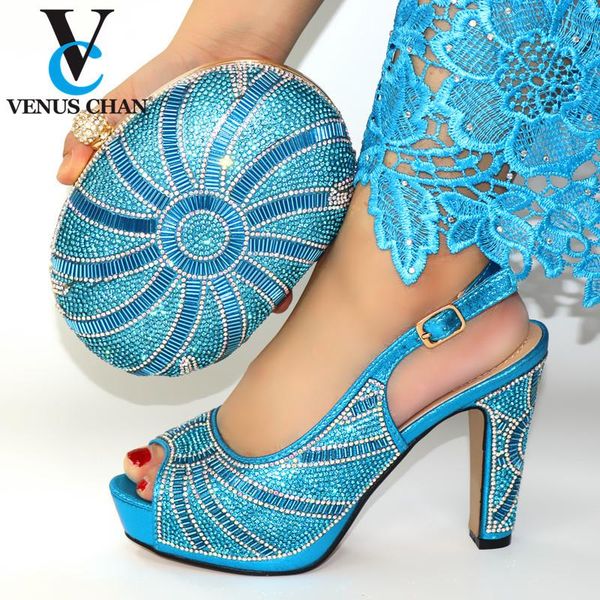 

dress shoes 2021 sky blue color fashion rhinestone woman and matching bag set italian style pumps for party, Black