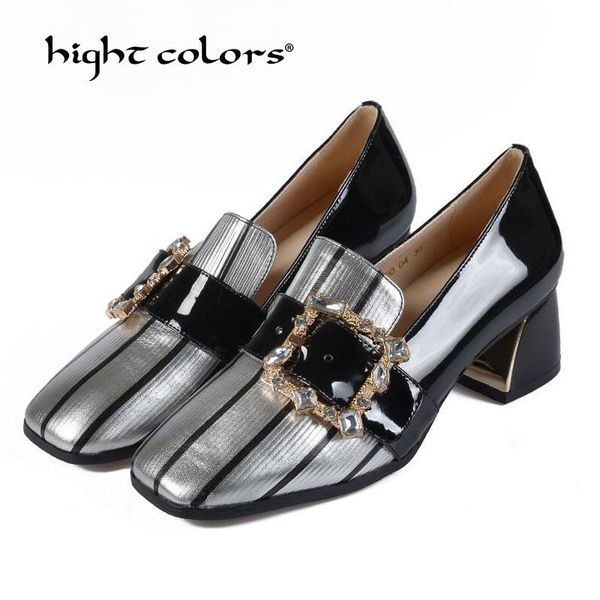 

dress shoes plus size 40 women pumps rhinestone buckle boat patent leather square toe ladies office zapatos mujer, Black