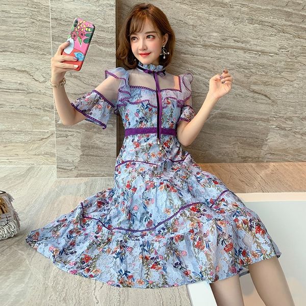 

dresses elegant stand flare sleeve floral printed women lace bow a-line female sweet princess vintage ruffles summer vestido, Black;gray