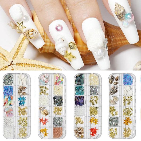 

nail art decorations 2021 sea shell starfish rhinestone stud spike tips stickers accessories abalone slices and shells, Silver;gold
