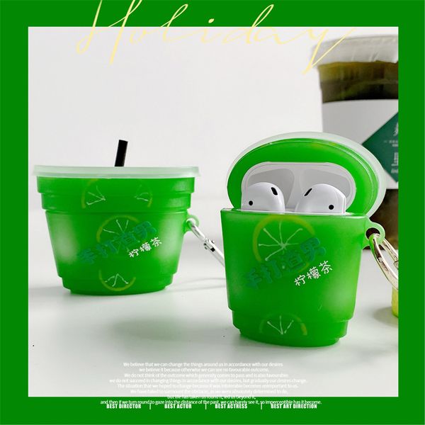 

for airpods 2 case green 3d fresh lemon tea bottle wireless bluetooth charging box silicone cute protective cover for airpod pro 3 cases wit