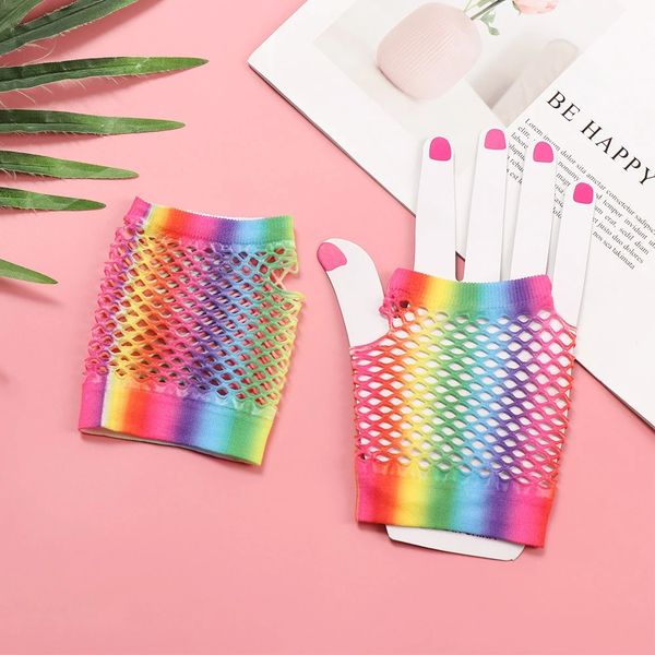 

100pairs/200pcs women colorful hollow out gloves holes shiny rainbow print mesh net glove party costume performance fingerless, White