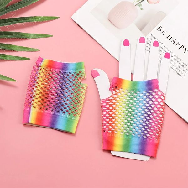 100 paar/200 stücke Frauen Bunte Aushöhlen Handschuhe Löcher Glänzenden Regenbogen Drucken Mesh Net Handschuh Party Kostüm Leistung fingerlose