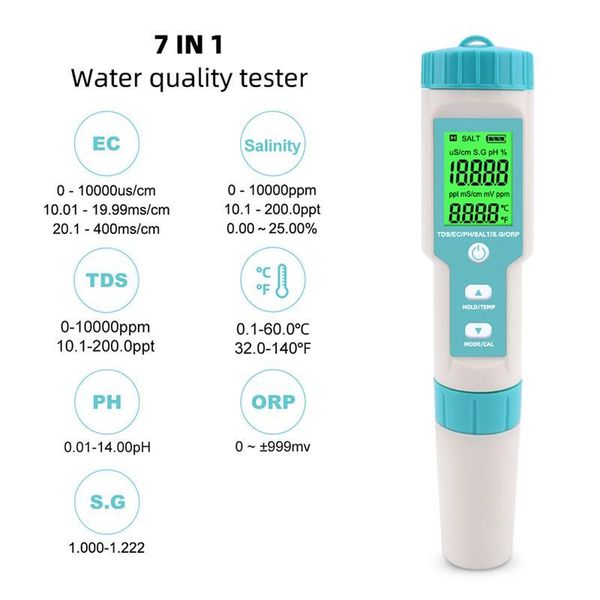 

meters 7 in 1 ph/tds/ec/orp/salinity /s.g/temperature meter c-600 water quality tester for drinking ph with backlight