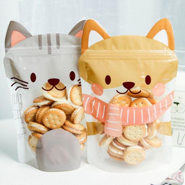 Embrulho de presente 10pcs à prova de vazamento Kitten Cookie Nougat Pacote de vedação de lanches Bolsas de doces reutilizáveis ​​zíper selado armazenamento fresco