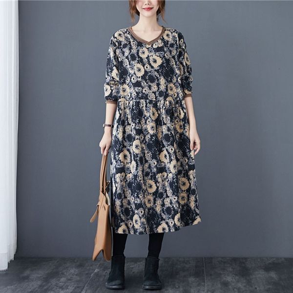 

women cotton linen casual dress new autumn vintage style v-neck floral print loose comfortable female long dresses s2271 210412, Black;gray
