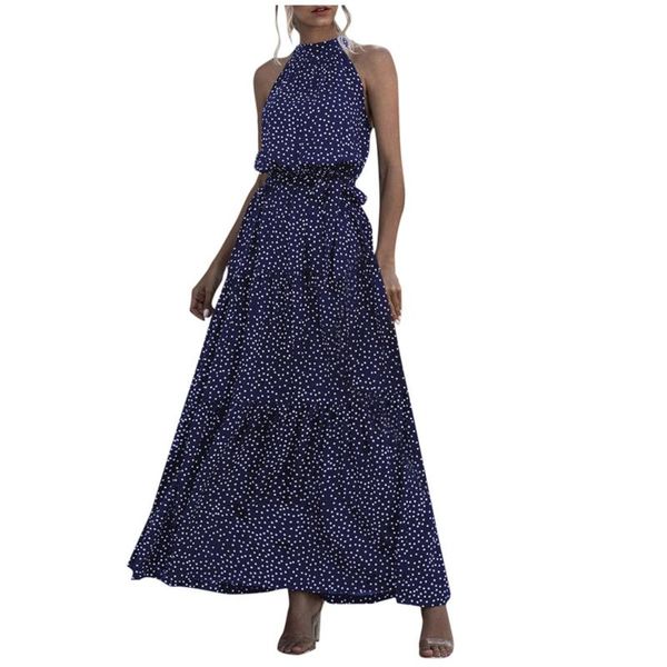 

casual dresses elegant beach long dress women print flowers polka-dot strap ladies halter boho vestidos 2022 fashion #c4, Black;gray