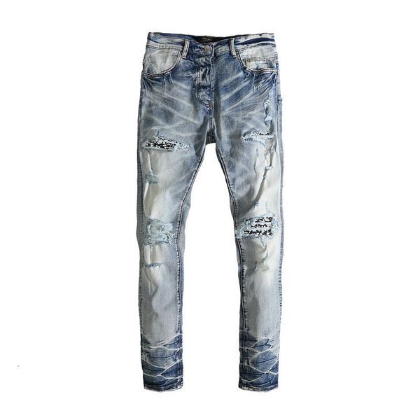 

new am summer embroidered hole elastic slim fit men's jeans pants, Blue
