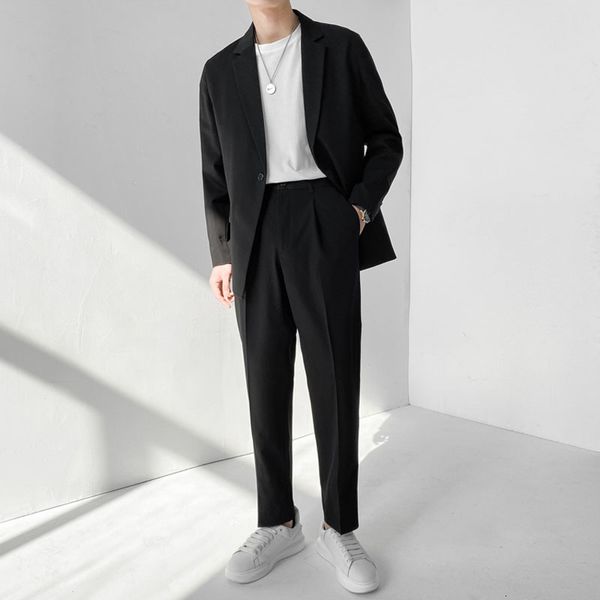 

men's suits & blazers 2pcs sets men streetwear loose business casual vintage pants male fashion dress wedding jacket trousers 8m45, White;black