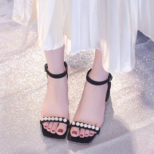 

sandals rimocy fashion pearl med heels women 2021 ankle strap square woman comfortable elegant party shoes femme, Black