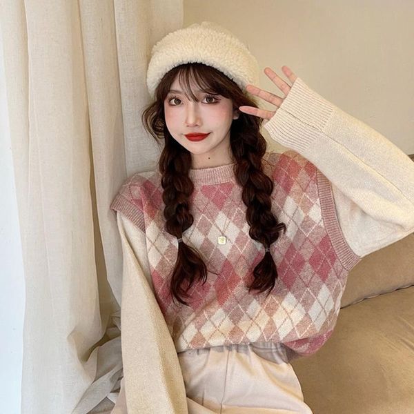 

women's sweaters fake two argyle sweater women spring and autumn loose fashionable jumpers sweet style streetwear knitted oversize pull, White;black