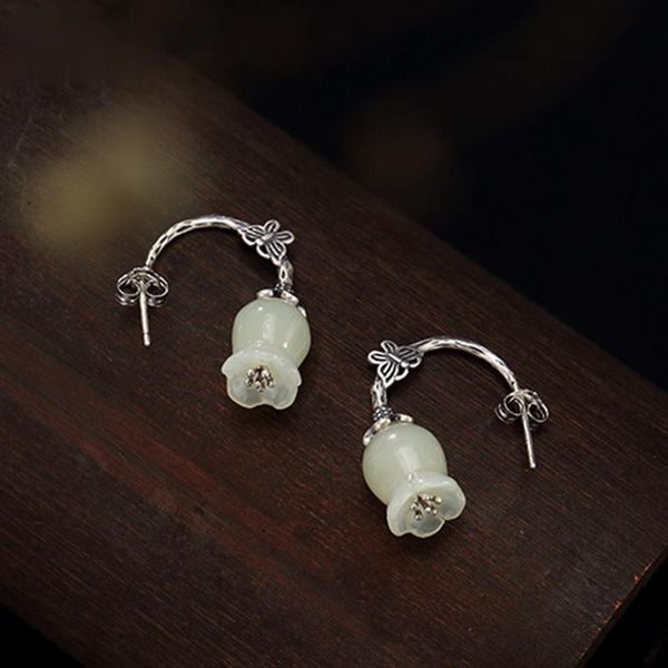 

natural hetian white jade bell orchid butterfly ear hooks chinese retro elegant fresh glamour women's silver jewelry dangle & chandelie